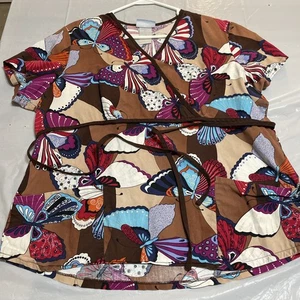 SB Scrubs Large Scrub Top Blue With Multi Color Butterflies Nurse Veterinary - Picture 1 of 9