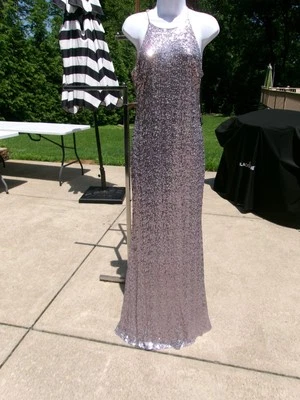 NWT BADGLEY MISCHKA SILVER SEQUIN FORMAL GOWN 10 - Image 1 of 3