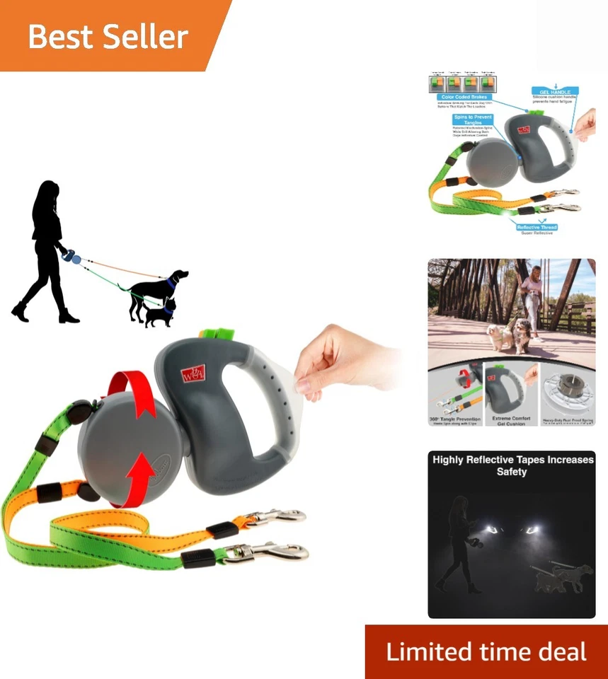 Wigzi Two Dog Retractable Non-tangling Leash With Innovative GEL Handle Walk 2