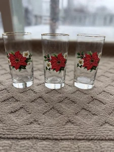Vintage Poinsettia Holiday Glass Tumbler - Gold Trim Christmas Set Of 3 - Picture 1 of 13