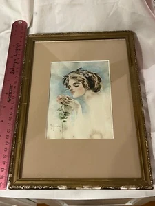 c.1900 Watercolor portrait Woman with Roses art nouveau signed M Hunter-Hill - Picture 1 of 4