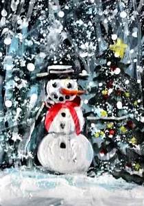 ACEO Original WINTERGEMÄLDE Schneemann Schnee WEIHNACHTSBAUM Landschaft Natur ATC ART - Bild 1 von 1