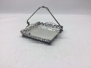 Antique Sheffield Small Square Nickel Silver Pierced Serving Basket W/ Handle - Picture 1 of 10
