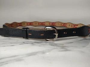 Vintage Leather Belt Womens Western Black Red 34-38" Silver Conchos 1990s - Picture 1 of 6