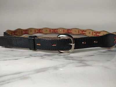 Vintage Leather Belt Womens Western Black Red 34-38" Silver Conchos 1990s - Image 1 of 4