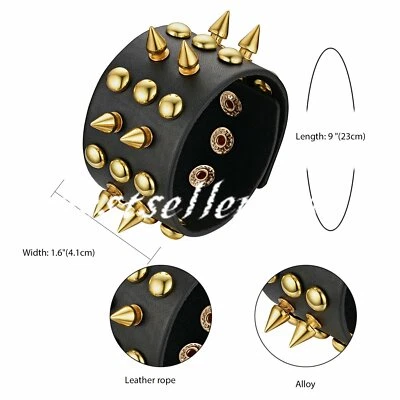 Unisex Black Metal Spike Studded Punk Rock Biker Wide Strap Leather Bracelet USA - Image 1 of 4