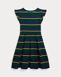 Polo Ralph Lauren Girl Navy,Green,Gold Striped Pony Cotton Ponte Pleated Dress - Picture 1 of 3