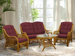 Malibu Rattan Living Set 2 Chairs Loveseat Coffee Table Colonial with Cushions - Picture 1 of 9