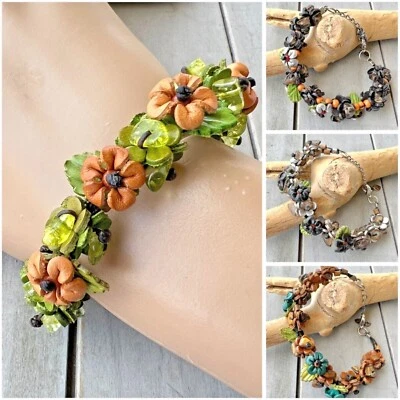 Armband Blüten 1,5 cm Echt Leder Blätter Halbedelsteine Baumwolle 25 cm Boho - Bild 1 von 4