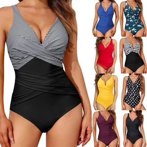 Women's Tummy Control Swimsuits Slimming V Neck Backless Swimwear Bathing Suits - Picture 1 of 51