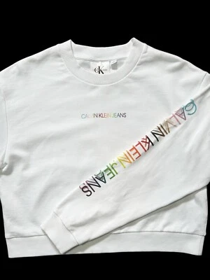 CALVIN KLEIN Cropped Crew Neck Sweatshirt Size LARGE White Rainbow Text Letters - Image 1 of 4