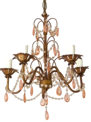 Винтажная люстра розовые капли призмы бисер 1920 итальянский позолоченный металл 5 ламп - Изображение 1 из 4