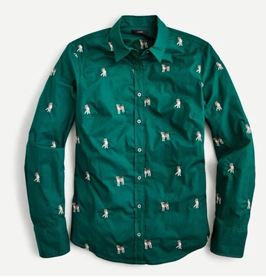 J Crew Shirt Top Shirt Women Sz 4 Green Slim Fit With Dog Embroidery Button Up - Image 1 of 4