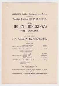 MANUAL DE CONCIERTO ORIGINAL DE HELEN HOPEKIRK DE PRINCIPIOS DE 1900 PARA BOSTON CHICKERING HALL - Imagen 1 de 1
