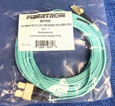 Fibertron FPC MM 50 10G 2F LC to SC 10M Ceramic Zip (2MM) Aqua Fiber Optic Cable - Image 1 of 4
