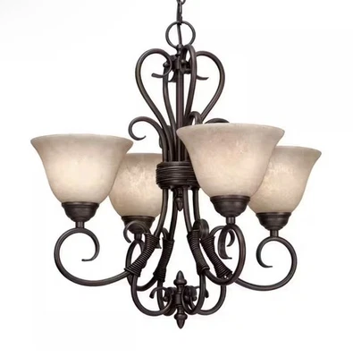 Lámpara de araña Golden Lighting Homestead de bronce frotado de 4 luces de vidrio de piedra de té Foto 1 de 4