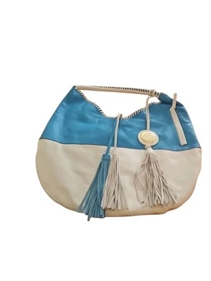 Sharif IT Essential White and Turquoise Blue Leather Shoulder Handbag Purse - Image 1 of 4