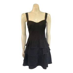 Cue Tiered Ruffles Mini Dress Sz 14 Sweetheart Neck Fit n Flare Sleeveless Black - Picture 1 of 16