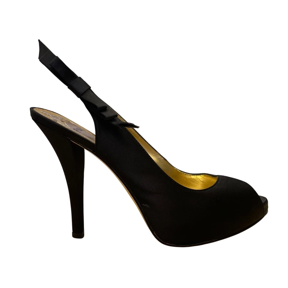 Hale Bob Womens Black Satin Bow Detail Slingback Peep-Toe Heels Size 8.5M - Image 1 of 4