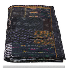 Hippie Black Patchwork Queen Silk Coverlet Handmade Bedspread Kantha Blanket