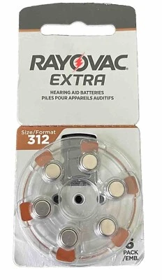 PACK OF 6 RAYOVAC EXTRA SIZE 312 PR41 HEARING AID BATTERIES 1.45V 312AE-6A NEW - Image 1 of 4