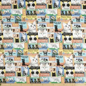 Cool Cat Scene Cotton Drill Fabric 1/2 Yard - Picture 1 of 1