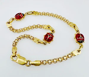 Brazalete con dije Ladybug de eslabones de lujo italiano de oro amarillo sólido de 14K Estate, 7", 3,5 g - Imagen 1 de 20