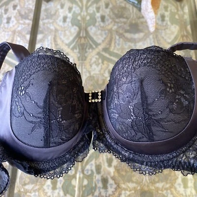 Sujetador Pleasure State Talla 34C Contorno Balconette Negro Encaje Cristal Lazo Nuevo Foto 1 de 4