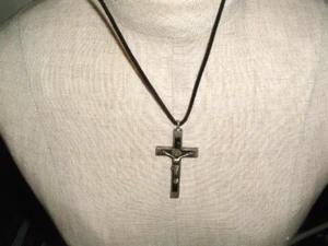 Mens Sterling Crucifix Cross on Black Suede Leather Chain Pendant Necklace - Picture 1 of 3