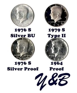  Kennedy Half Dollar 1976 S SILVER PROOF+BU+1964 Proof+ 1979 Type 2 II (4 coins) - Picture 1 of 2