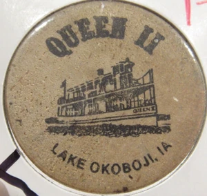 1987 Queen II Lake Okoboji, IA Transit Boat Wooden Nickel Token - Iowa - Picture 1 of 2