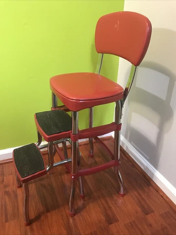 Vintage Retro Red Cosco Chrome Kitchen Step Stool Farm Chair Plant Stand Vinyl Cover