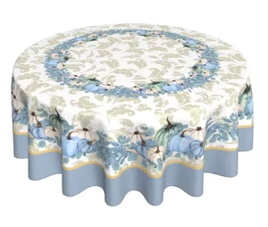 Herbst Blau Kürbis und Blätter Runde Tischdecke 60 Zoll Bauernhaus Erntedankfest - Bild 1 von 11