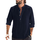 Mens Casual Grandad Collar Long Sleeve Henley T-shirts Button Loose Shirt Plain/