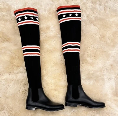 Givenchy Storm Sock Knit Thigh High Over Knee Boots Black Red Size 38 - Image 1 of 4