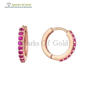 Solid 14K Rose Gold Ruby Huggie Hoop Earrings Minimalist Jewelry Gift for Her - Picture 1 of 4