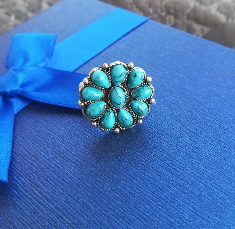 ANELLO FIORE TURCHESE NATURALE E ARGENTO TIBETANO 300 ANELLO STILE FLOREALE BALI - Immagine 1 di 4