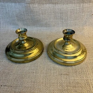 PAIR Heavy Brass Candlestick Holder Wide Base Console Candle Taper 4.25" Vintage - Picture 1 of 5