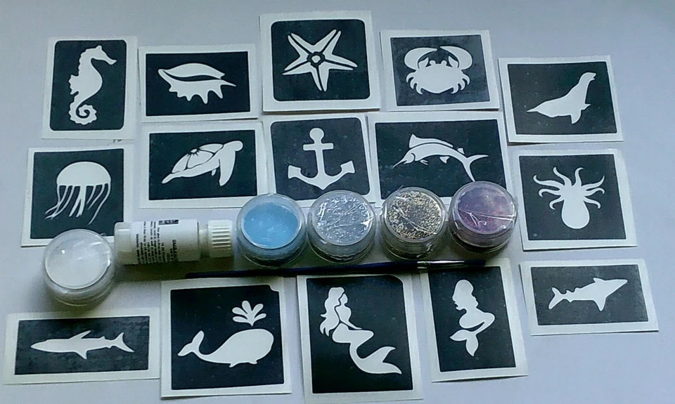 DAZZLE GLITTER TATTOOS Sea themed glitter tattoo set incl. 30 stencils + 5 colours seaside ocean whale