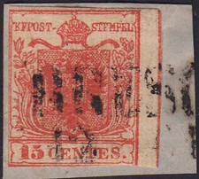 *32.109 Lombardo Veneto carta costolata c.15 rosso vermiglio (14) usato, I tipo