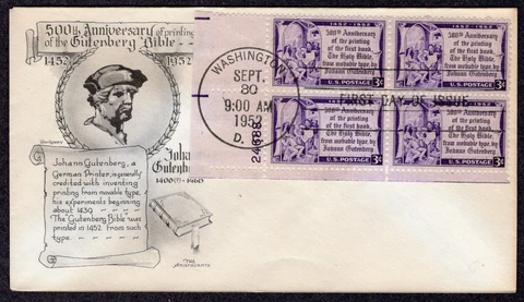 1952 Movable Type Bible 500th  (Scott 1014) - Aristocrat Plate Block FDC MU178 Cover