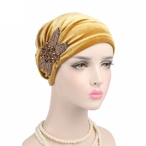 New Muslim Women Velvet Hand Beaded Turban Cap India Chemo Wrap Head Beanie Hat - Picture 1 of 22