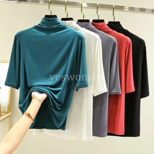 Women Modal Basic Stretch Thermal Shirts 3/4 Sleeve Mock Neck Turtleneck Top Tee - Picture 1 of 28