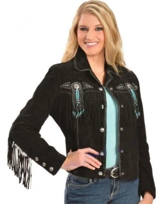 Women Black Suede Western Style Leather Jacket With Fringe - Contrast Beads - Image 1 of 4