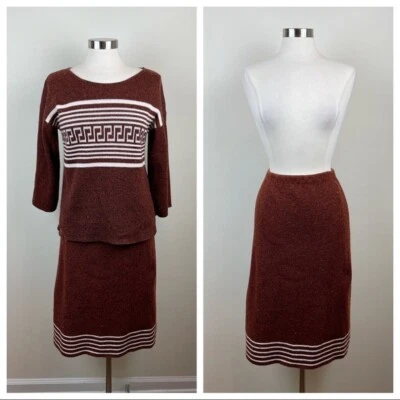 Conjunto Suéter Top y Falda Geométrica Marrón Blanco De Colección Mujer 12 Hecho en EE. UU.  Foto 1 de 4
