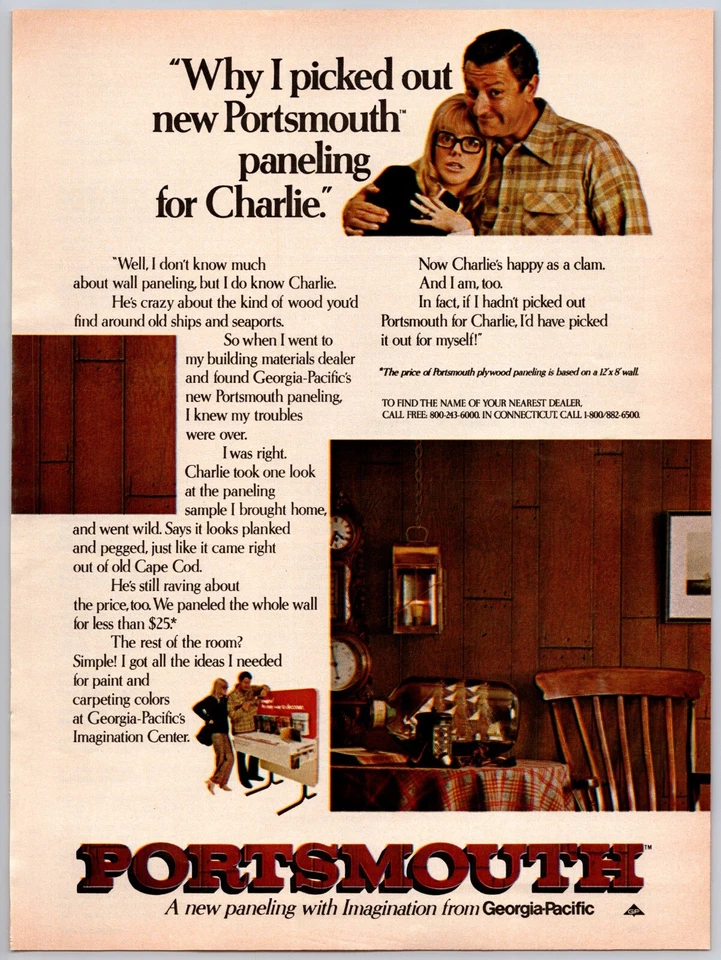 1973 PRINT AD Portsmouth Plywood Paneling Georgia Pacific Ships Seaports - Image 1 of 1