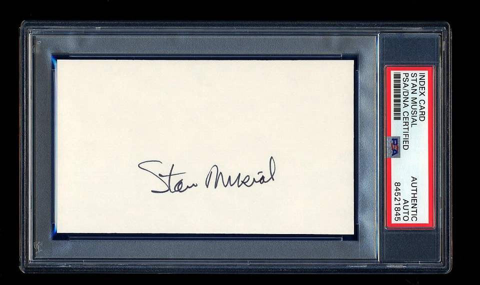 STAN MUSIAL SIGNED MINT INDEX CARD PSA/DNA HOF AUTOGRAPHED CARDINALS WSC MVP - Image 1 of 1