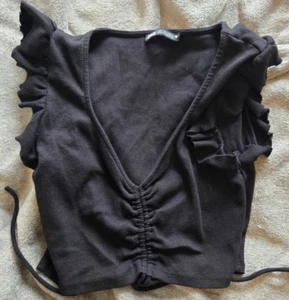 Zara - Frayed Sleeve - Deep Cup - Black - Size L - Top - Picture 1 of 3