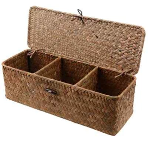 3 Grid Rattan Storage Box Straw Desktop Organization Storage Basket Home Decor - Picture 1 of 5