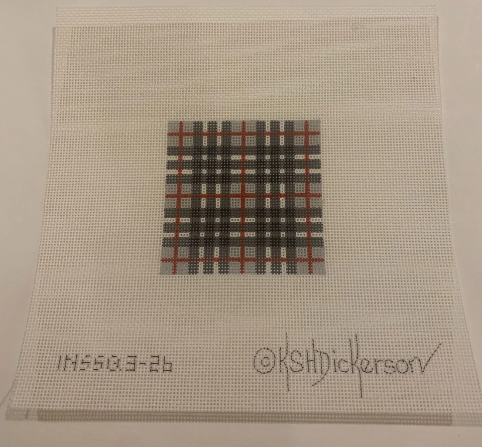 needlepoint canvases, Kate Dickerson, Square Insert, Black Red Plaid ,18ct, 3x3" - Image 1 of 1
